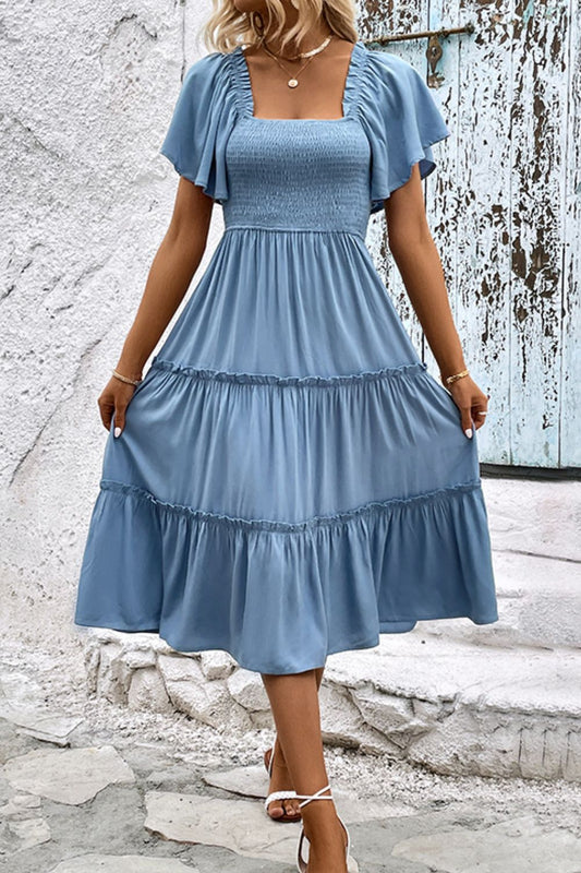 Smocked Square Neck Frill Trim Dress free shipping -Oh Em Gee Boutique