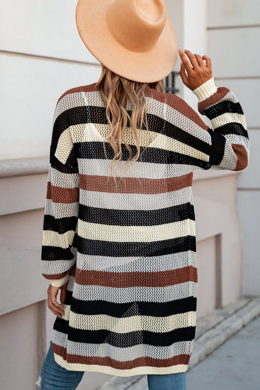 Full Size Striped Long Sleeve Openwork Cardigan free shipping -Oh Em Gee Boutique