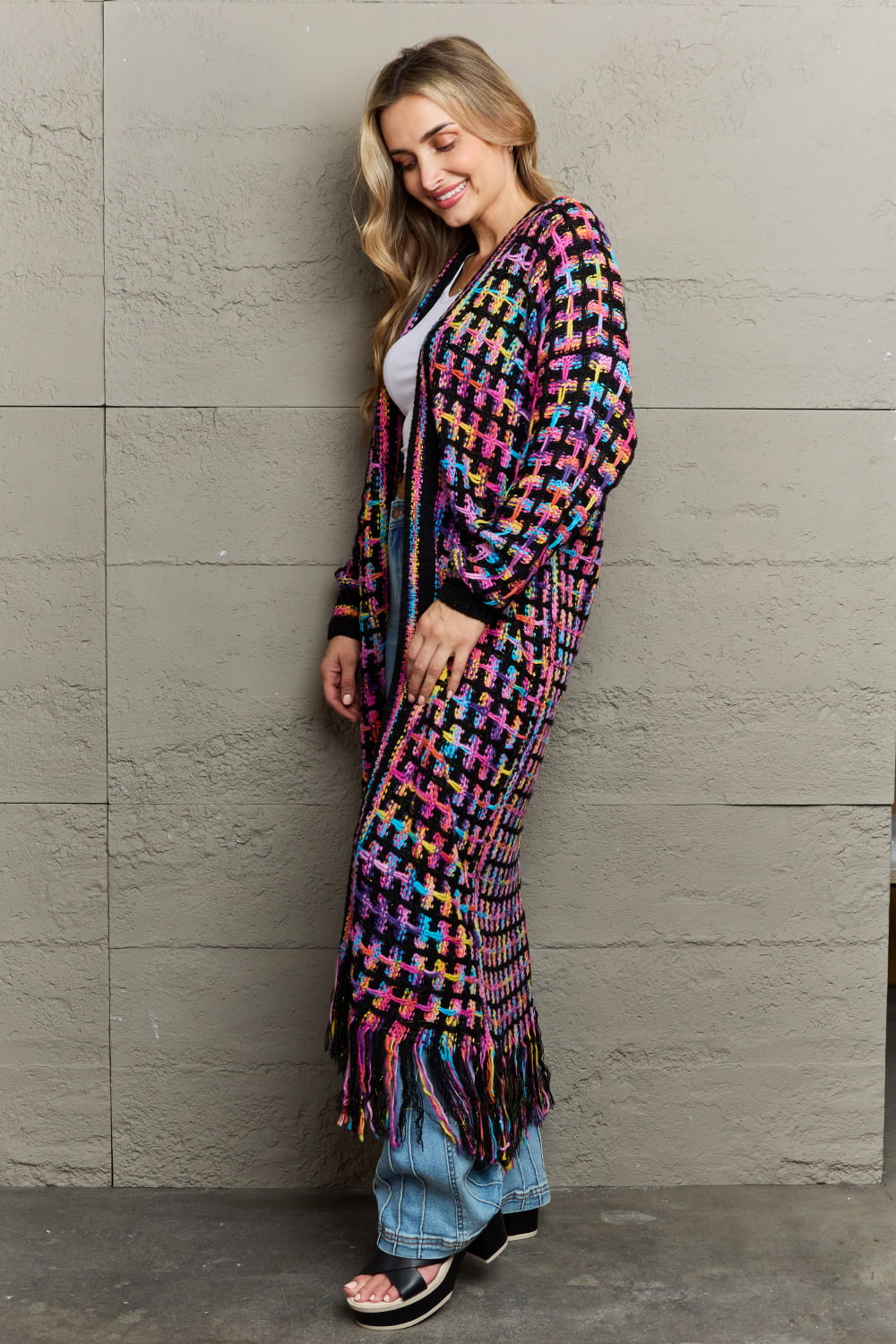 Multicolored Open Front Fringe Hem Cardigan free shipping -Oh Em Gee Boutique