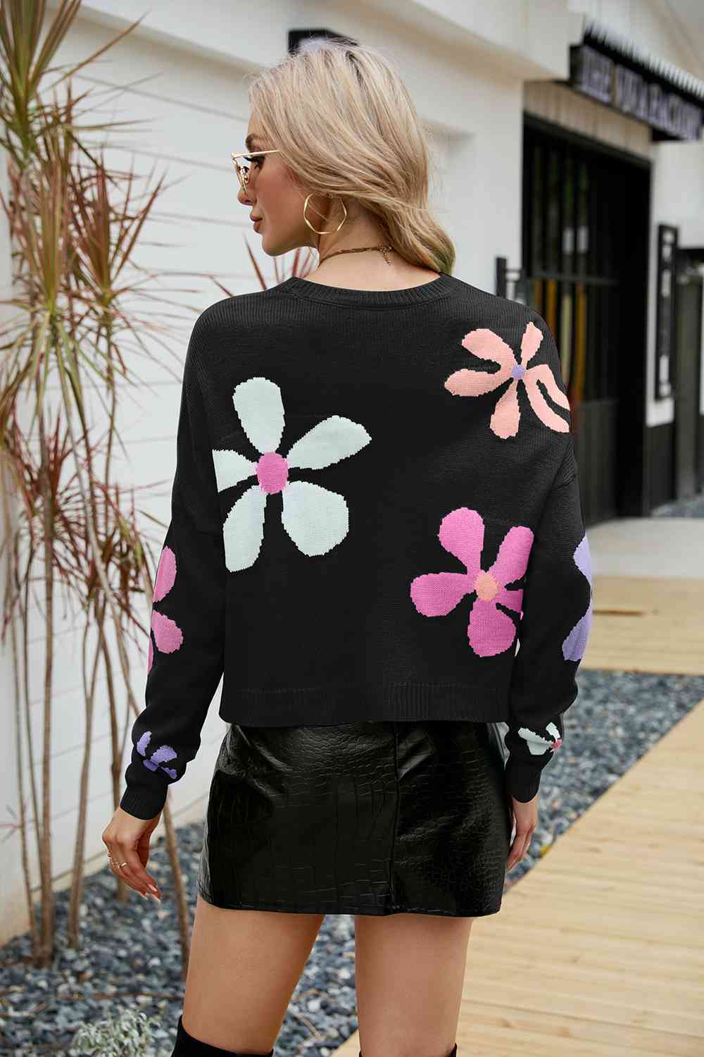 Flower Round Neck Drop Shoulder Sweater free shipping -Oh Em Gee Boutique