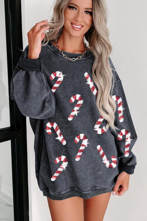 Christmas Sequin Candy Cane Round Neck Sweatshirt free shipping -Oh Em Gee Boutique
