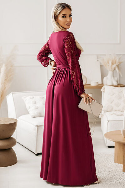 Lace Detail Surplice Tie-Waist Maxi Dress free shipping -Oh Em Gee Boutique