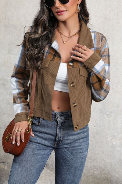 Plaid Button Up Collared Neck Jacket free shipping -Oh Em Gee Boutique