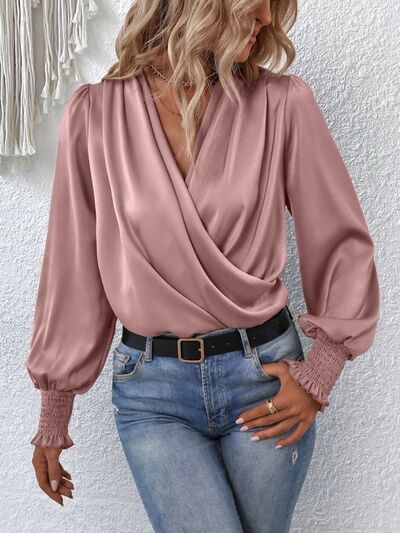 Surplice Smocked Lantern Sleeve Blouse free shipping -Oh Em Gee Boutique