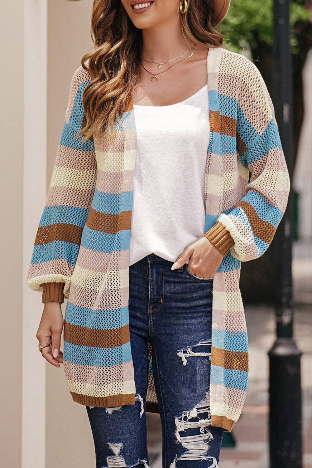 Full Size Striped Long Sleeve Openwork Cardigan free shipping -Oh Em Gee Boutique
