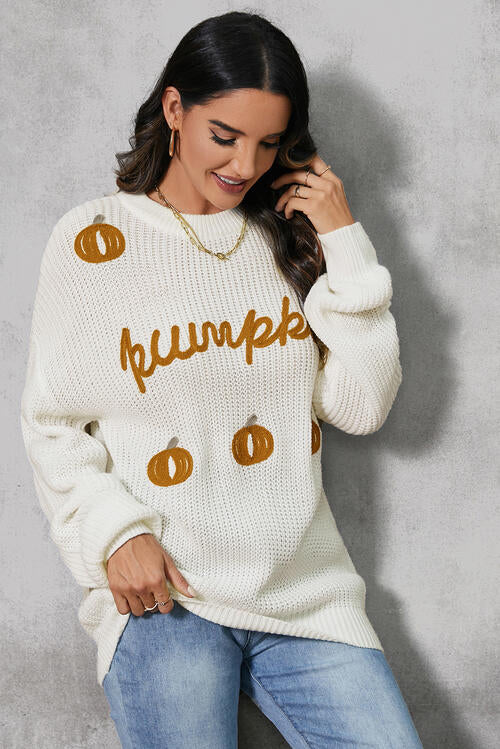 Pumpkin Embroidery Long Sleeve Sweater free shipping -Oh Em Gee Boutique