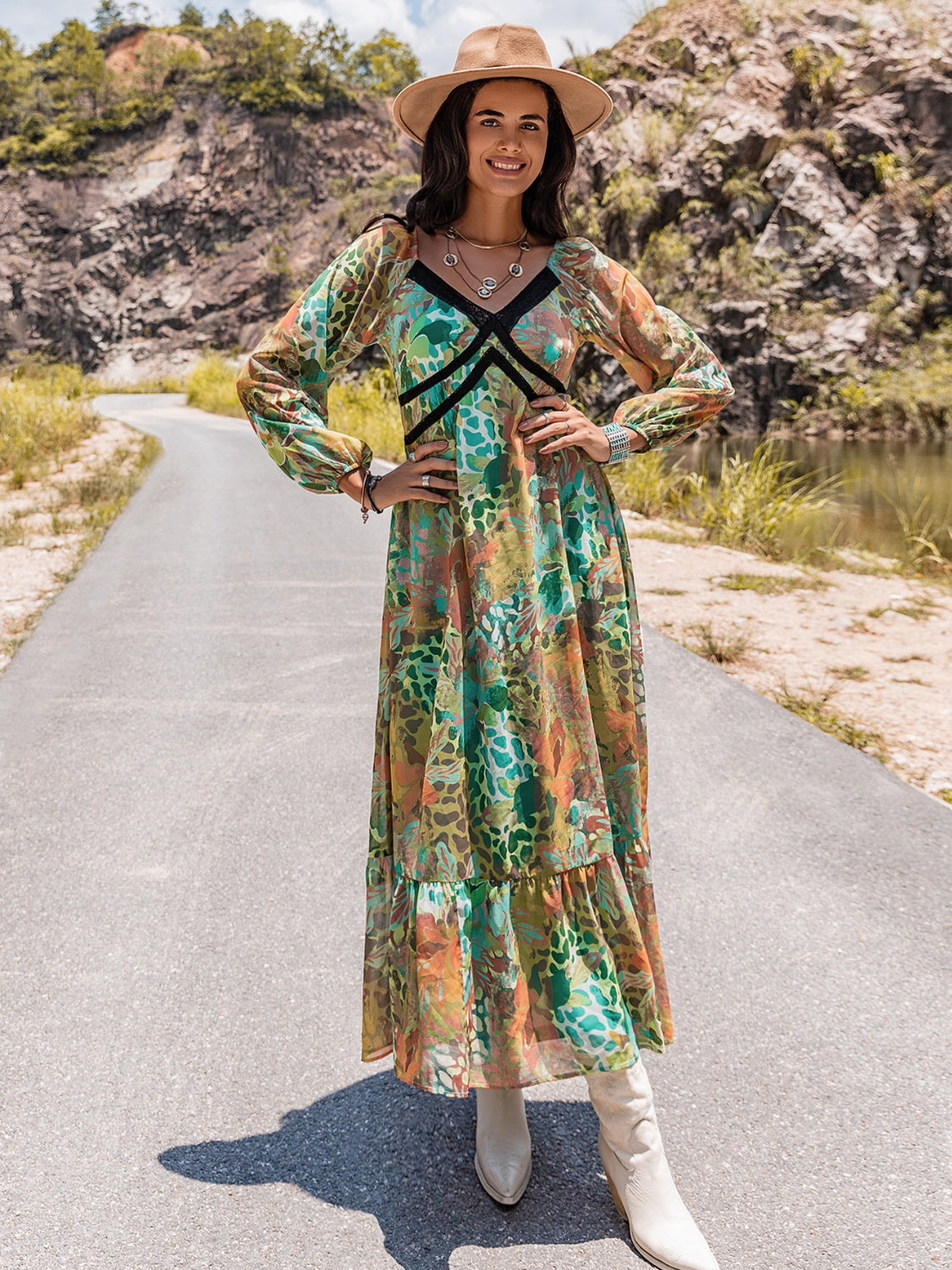 Printed V-Neck Long Sleeve Dress free shipping -Oh Em Gee Boutique