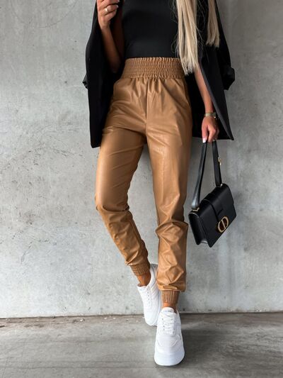 Smocked High Waist Pants with Pockets free shipping -Oh Em Gee Boutique
