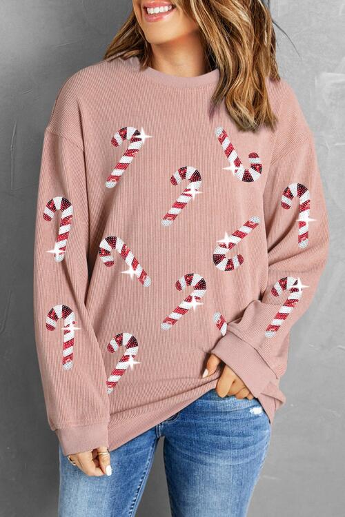 Christmas Sequin Candy Cane Round Neck Sweatshirt free shipping -Oh Em Gee Boutique