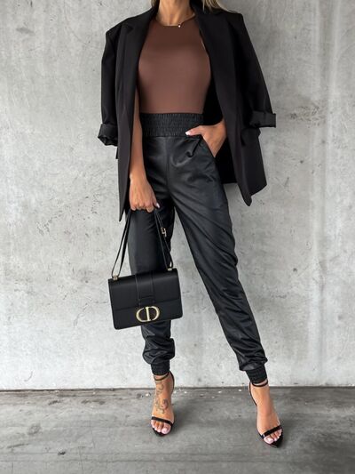 Smocked High Waist Pants with Pockets free shipping -Oh Em Gee Boutique