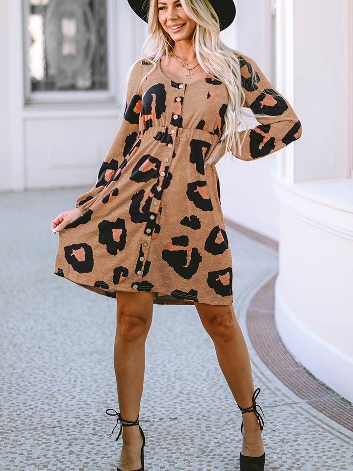 Leopard Printed Round Neck Long Sleeve Button-Up Dress free shipping -Oh Em Gee Boutique