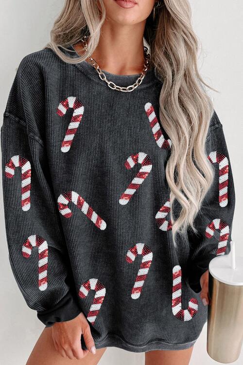 Christmas Sequin Candy Cane Round Neck Sweatshirt free shipping -Oh Em Gee Boutique