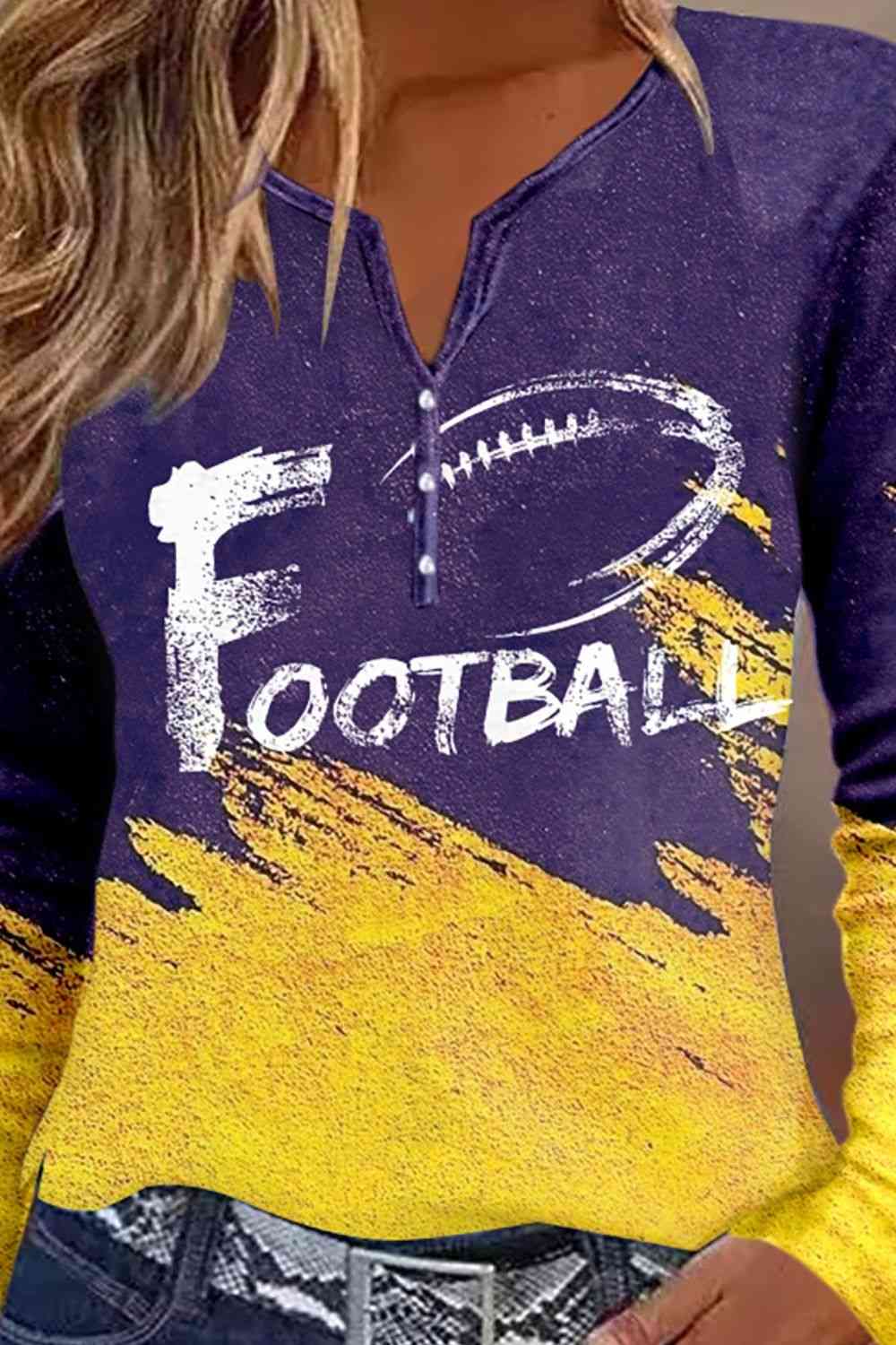 FOOTBALL Graphic Notched Neck Long Sleeve T-Shirt free shipping -Oh Em Gee Boutique