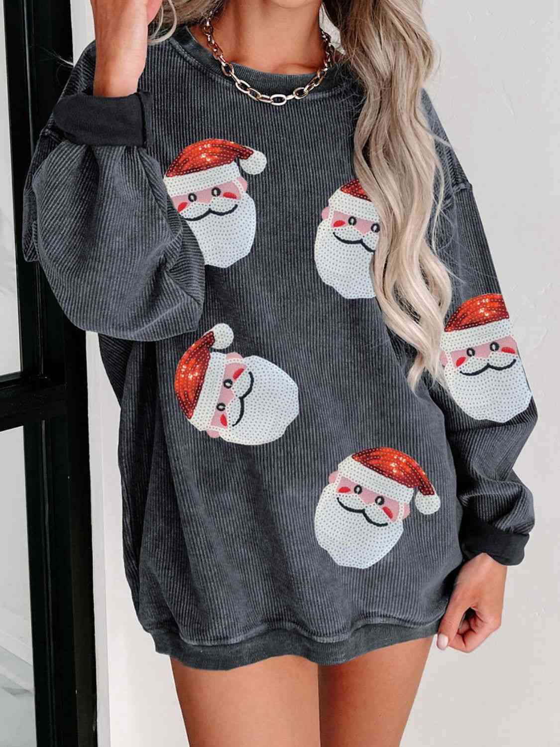 Sequin Santa Patch Ribbed Sweatshirt free shipping -Oh Em Gee Boutique