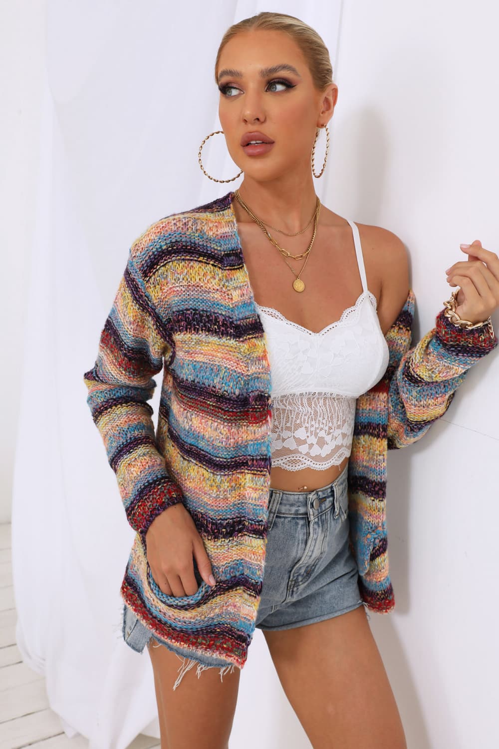 Striped Long Sleeve Open Front Cardigan free shipping -Oh Em Gee Boutique