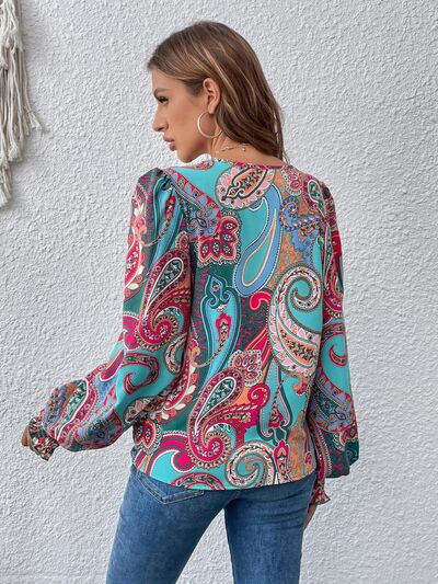 Printed Surplice Smocked Lantern Sleeve Blouse free shipping -Oh Em Gee Boutique
