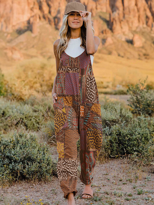 Double Take Full Size Printed V-Neck Sleeveless Jumpsuit free shipping -Oh Em Gee Boutique