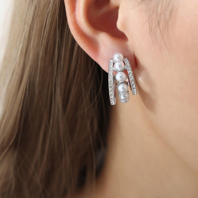 Pearl Titanium Steel C-Hoop Earrings free shipping -Oh Em Gee Boutique