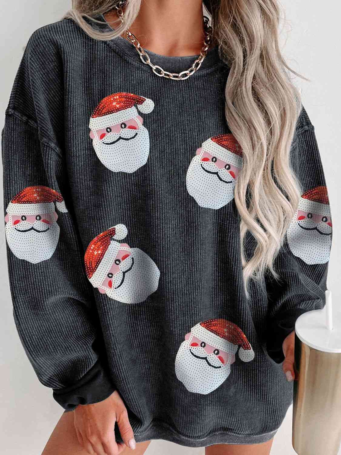 Sequin Santa Patch Ribbed Sweatshirt free shipping -Oh Em Gee Boutique
