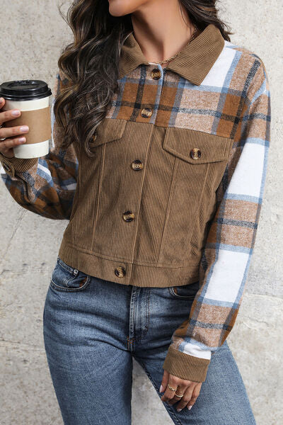 Plaid Button Up Collared Neck Jacket free shipping -Oh Em Gee Boutique