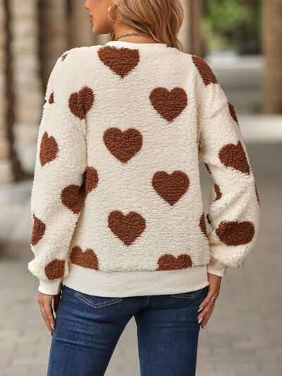 Fuzzy Heart Dropped Shoulder Sweatshirt free shipping -Oh Em Gee Boutique