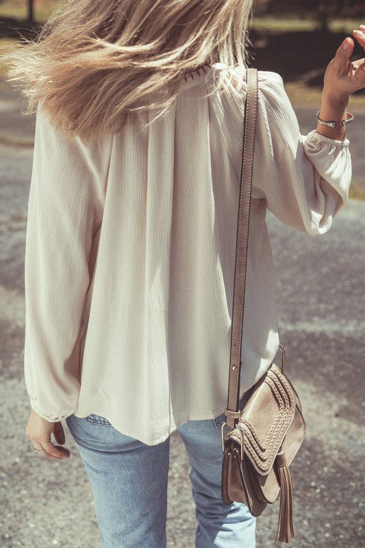 Floral Embroidered Textured Puff Sleeve Shirt free shipping -Oh Em Gee Boutique