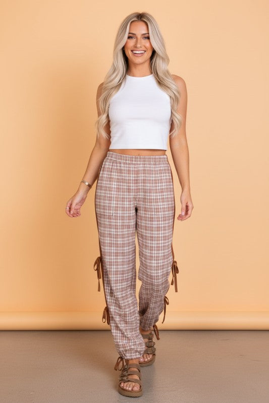 Plaid Bow Tie Contrast Elastic Waist Jogger Pants free shipping -Oh Em Gee Boutique