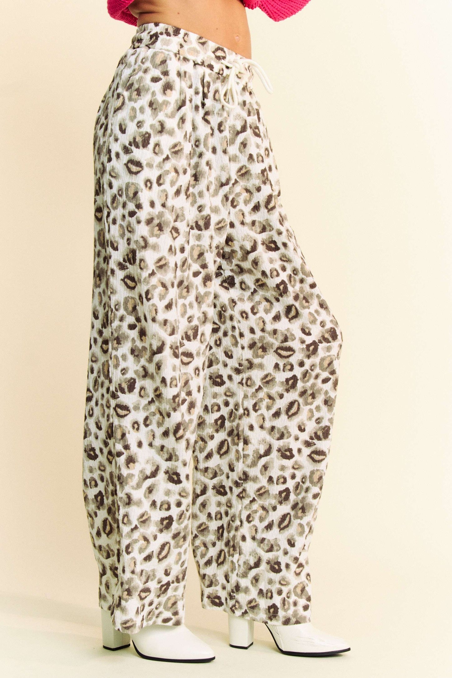 Davi & Dani Drawstring Leopard Wide Leg Pants free shipping -Oh Em Gee Boutique