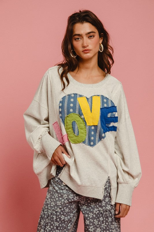 BiBi LOVE Heart Patch Slit French Terry Sweatshirt free shipping -Oh Em Gee Boutique