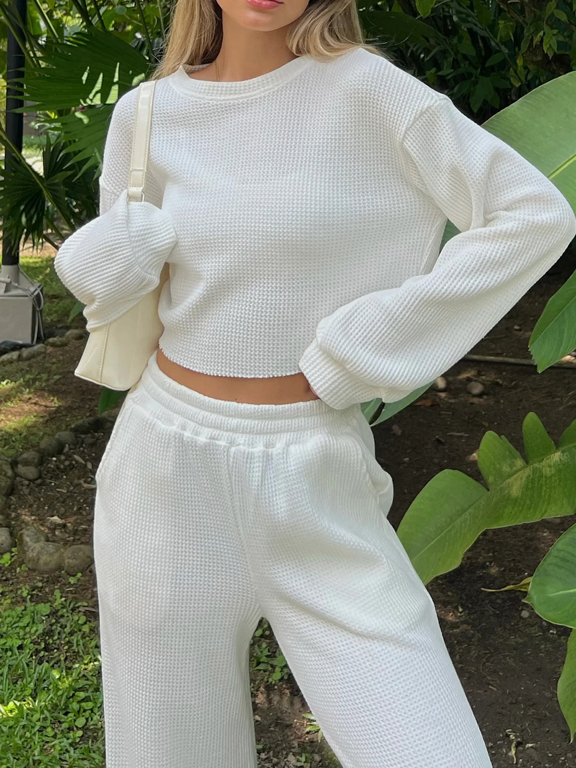 Waffle-Knit Round Neck Top and Pants Set free shipping -Oh Em Gee Boutique