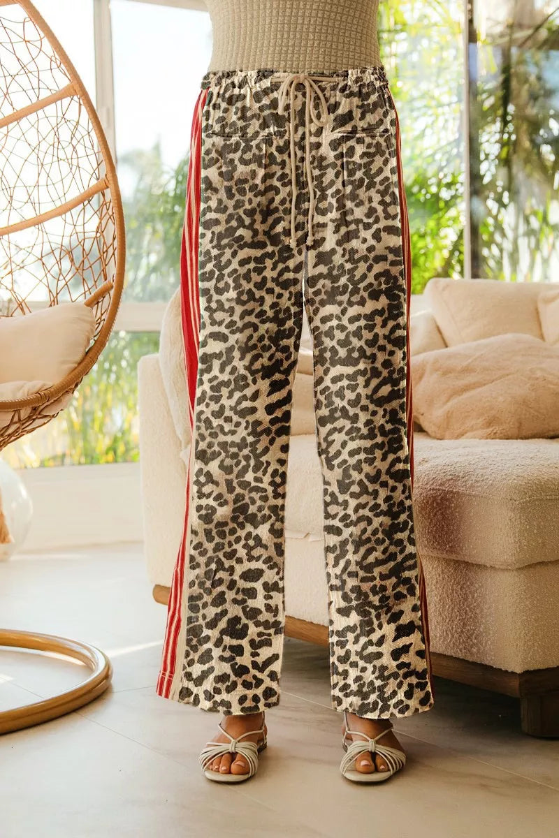 BiBi Leopard Print Pants with Side Contrast and Tucking Welt Pockets free shipping -Oh Em Gee Boutique