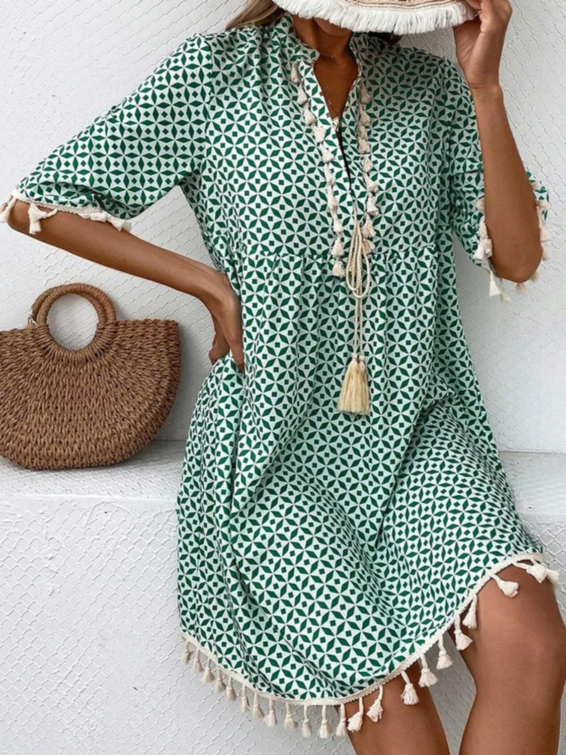 Tassel Printed Notched Half Sleeve Mini Dress free shipping -Oh Em Gee Boutique