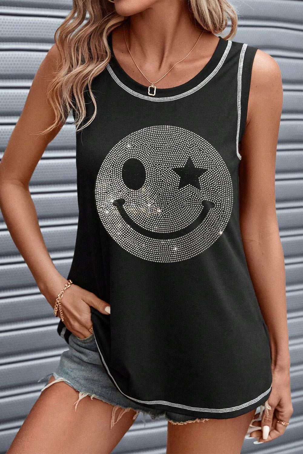 Rhinestone Smile Face Round Neck Tank free shipping -Oh Em Gee Boutique