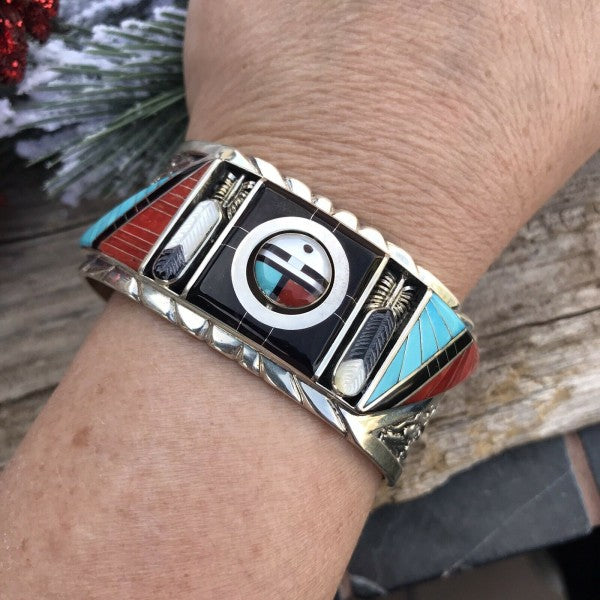 Don Dewa Zuni Sterling Silver Multi-stone SunFace Cuff Bracelet free shipping -Oh Em Gee Boutique