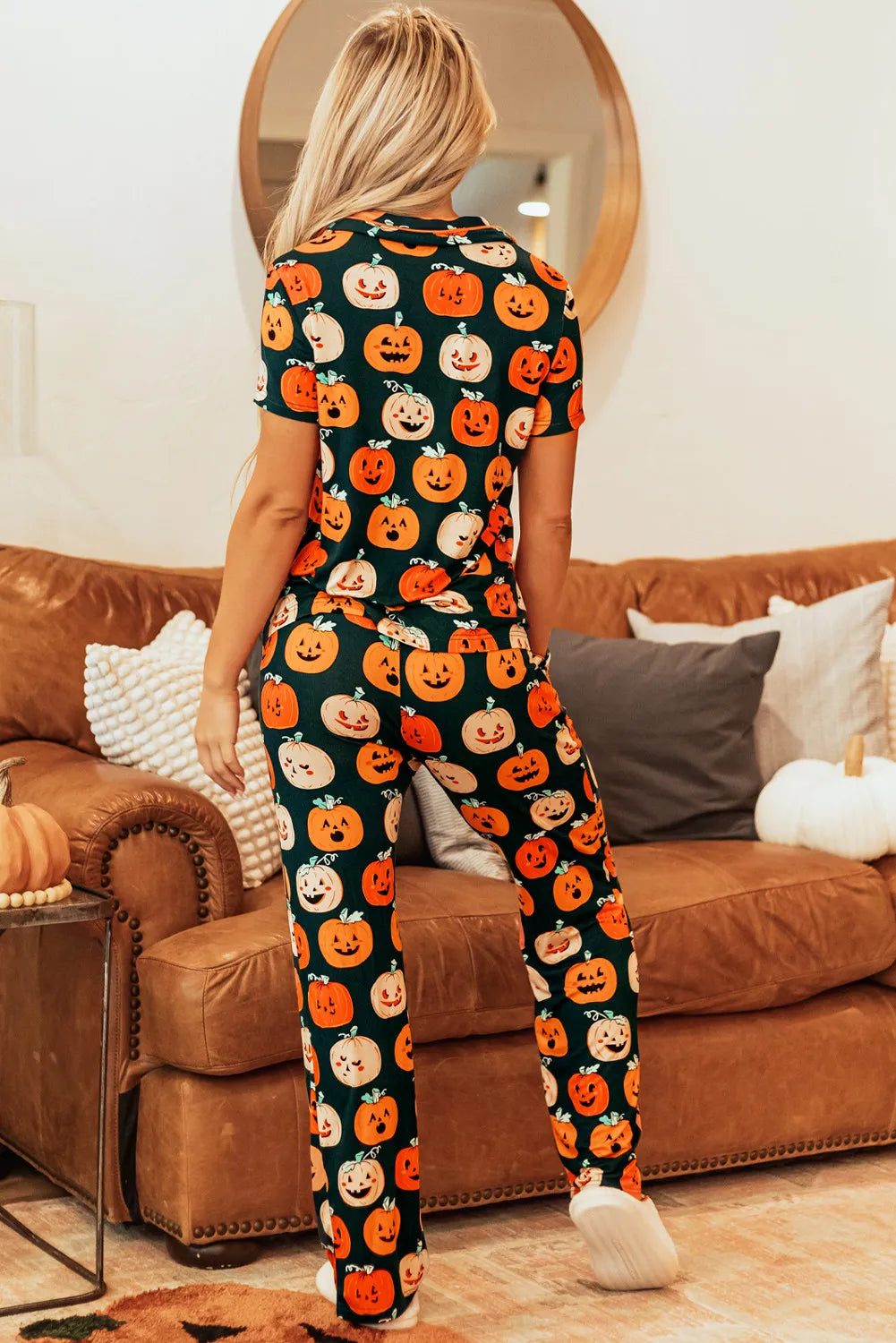 Pumpkin Printed Short Sleeve Top and Pants Lounge Set free shipping -Oh Em Gee Boutique