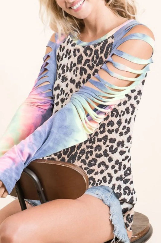 BiBi Leopard Thermal Top with Tie Dye Laser Cut Sleeves free shipping -Oh Em Gee Boutique