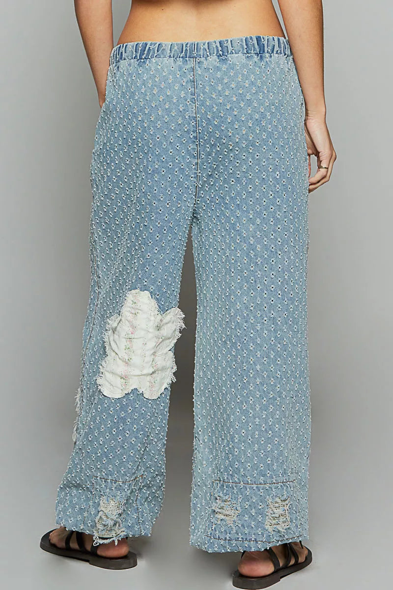 POL Floral Patch Washed Textured Twill Pants with Crochet See Thru Patch free shipping -Oh Em Gee Boutique