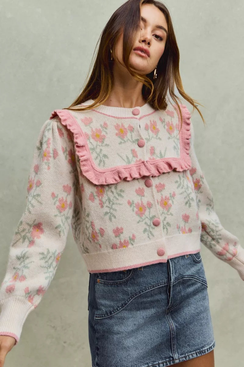 SO ME Flower With Ruffle Detailing Sweater Cardigan free shipping -Oh Em Gee Boutique