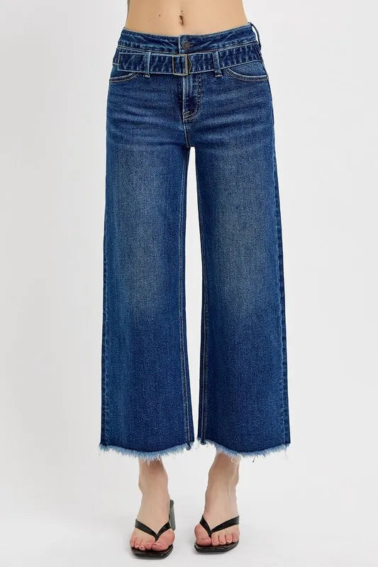 RISEN Raw Hem Wide Leg Attached Buckle Jeans free shipping -Oh Em Gee Boutique