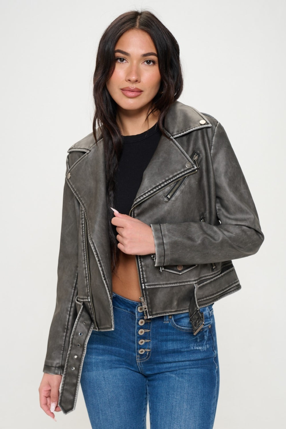 Coalition LA Zip Up Biker Jacket with Belt free shipping -Oh Em Gee Boutique