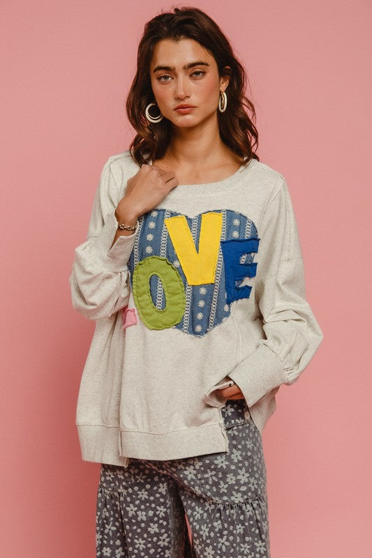 BiBi LOVE Heart Patch Slit French Terry Sweatshirt free shipping -Oh Em Gee Boutique