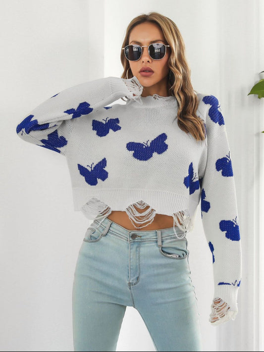 Distressed Butterfly Cropped Sweater free shipping -Oh Em Gee Boutique