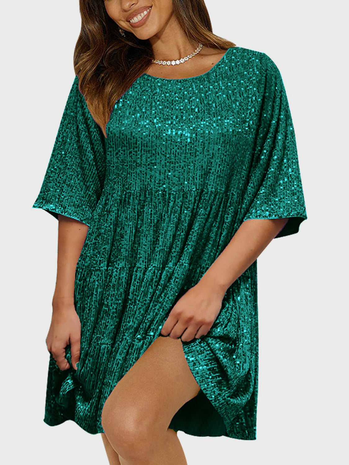 Full Size Sequin Round Neck Half Sleeve Mini Dress free shipping -Oh Em Gee Boutique