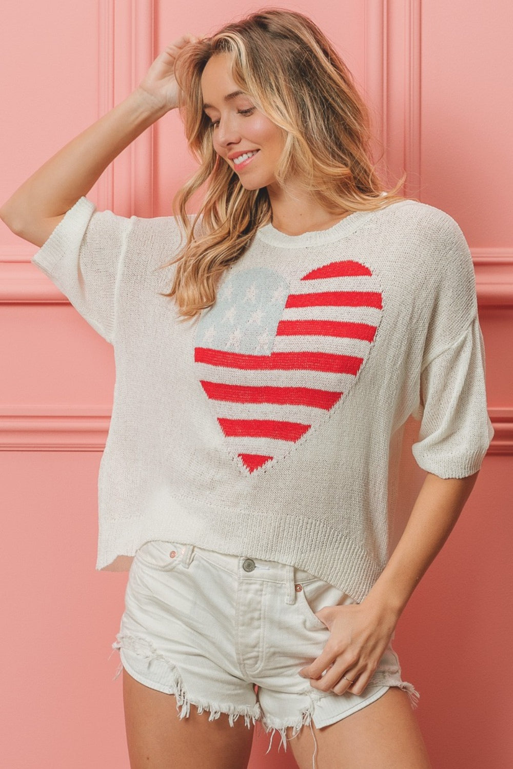 BiBi Striped Heart Contrast Knit Top free shipping -Oh Em Gee Boutique