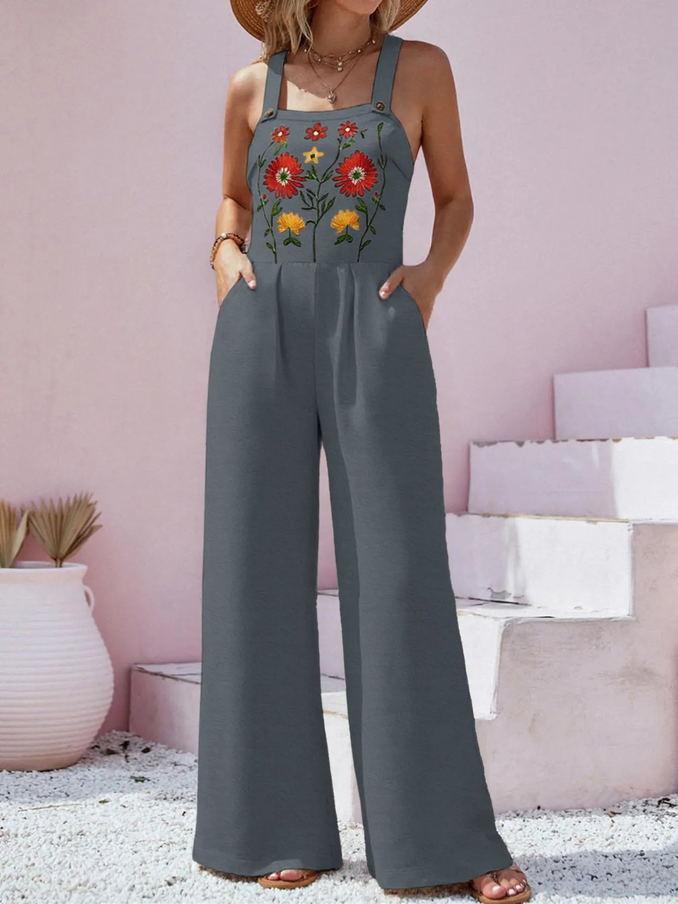 Floral Embroidered Wide Leg Jumpsuit free shipping -Oh Em Gee Boutique