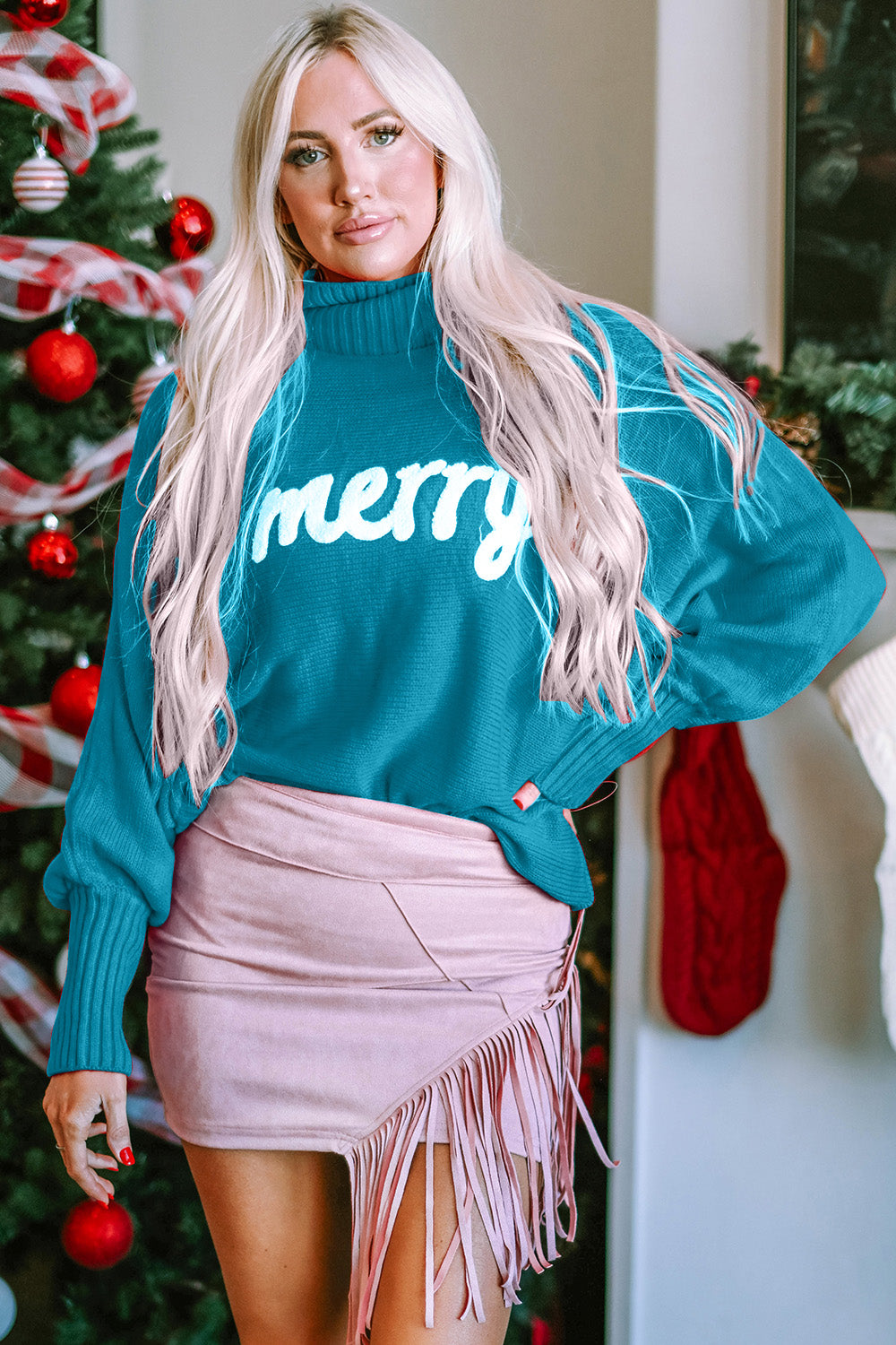 Double Take Full Size Merry Christmas Turtleneck Long Sleeve Sweater free shipping -Oh Em Gee Boutique