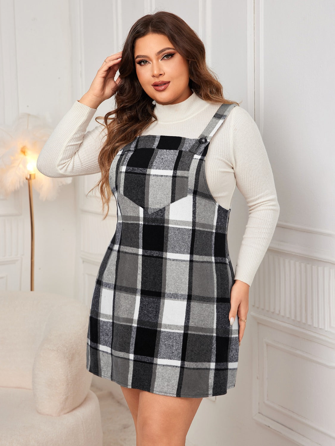 Plus Size Plaid Wide Strap Overall Dress free shipping -Oh Em Gee Boutique