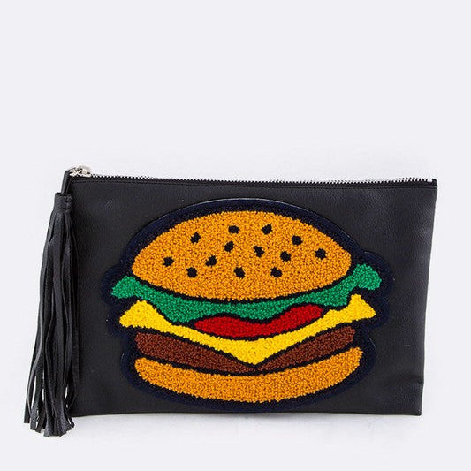 Plushy Hamburger Patch Tasseled Leather Pouch free shipping -Oh Em Gee Boutique