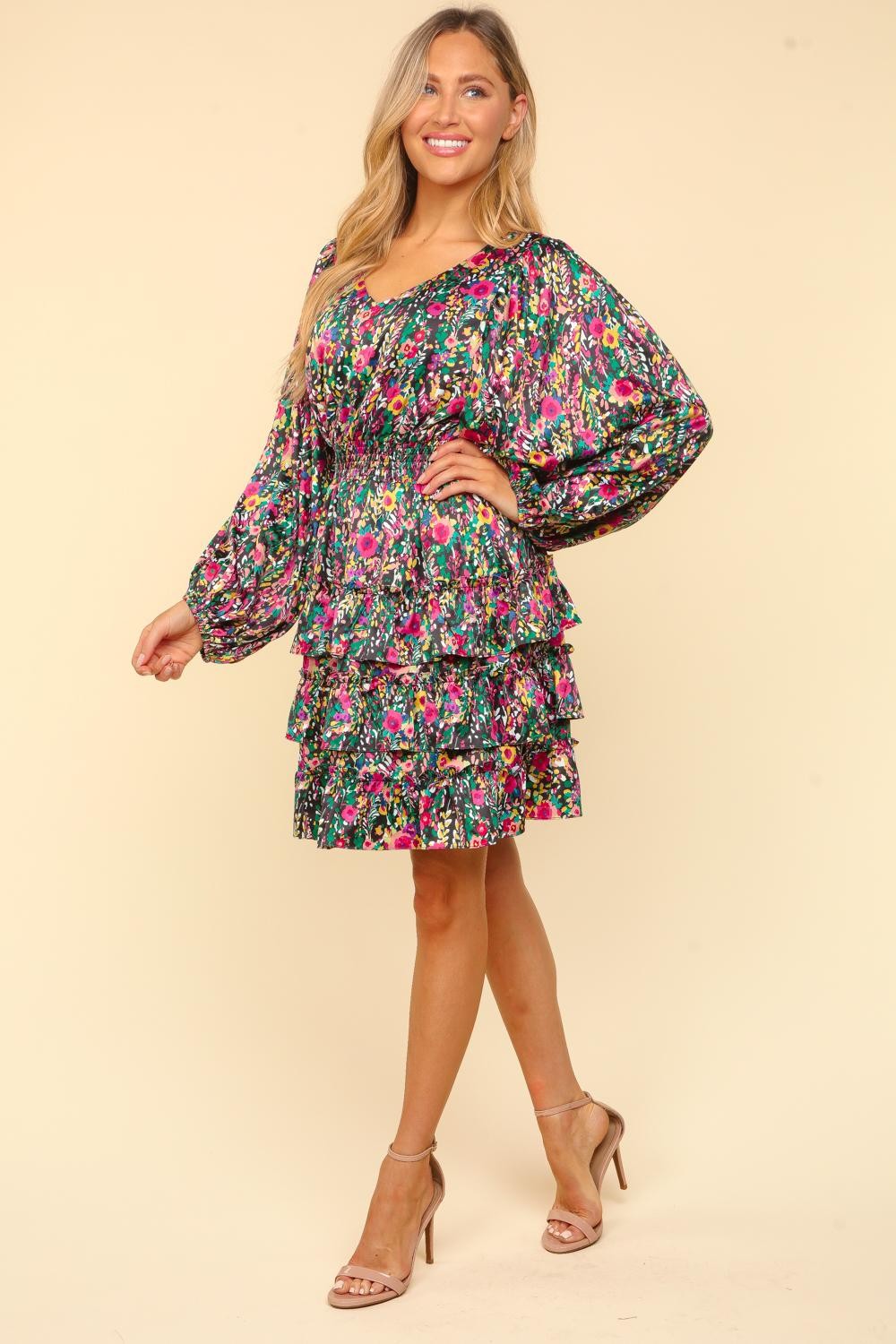 Haptics V-Neck Satin Floral Layered Dress free shipping -Oh Em Gee Boutique