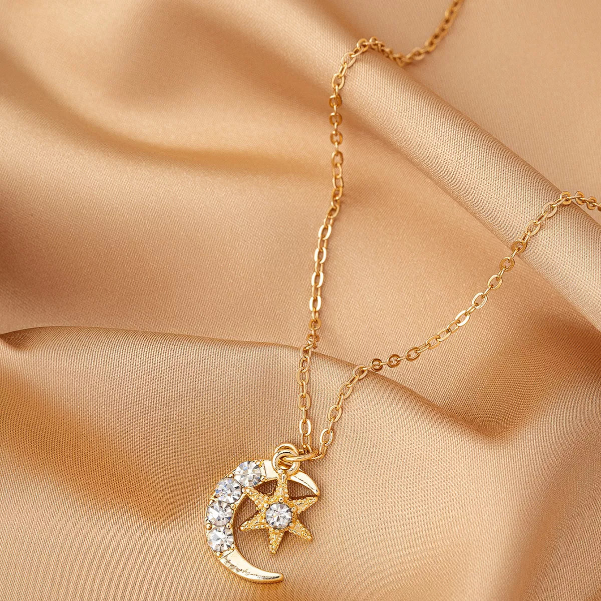 18K Gold-Plated Rhinestone Star & Moon Necklace free shipping -Oh Em Gee Boutique